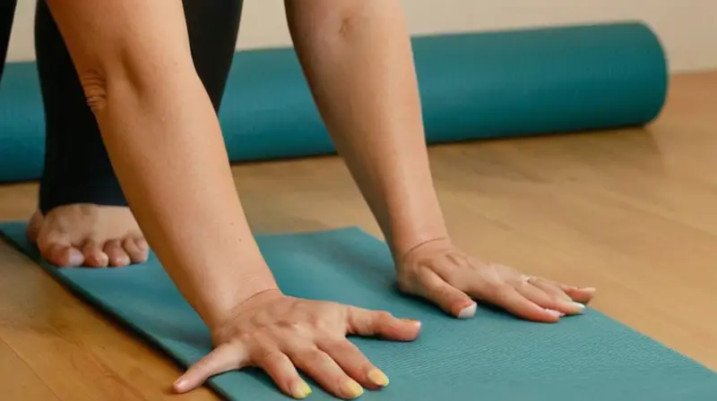 Una mujer está en una postura de yoga con las manos firmemente apretadas sobre la banda de gimnasia