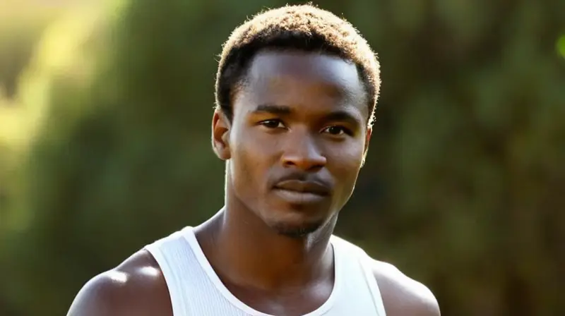 El joven atleta Evans Chebet está en una postura de concentración y confianza con un aspecto fisico bien definido antes del salto