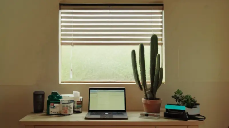 Una mesa de trabajo modesta y desordenada con un ordenador en segundo plano, está ubicada junto a una habitación con paredes desteñidas y una ventana filtrando débilmente la luz del sol