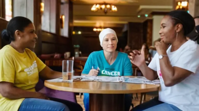 Me gustaría describir la portada de una imagen que muestra a un celebridad sentado en un restaurante rodeado de personas con telas que indican supervivientes de cáncer, en medio de una escena animada del exterior