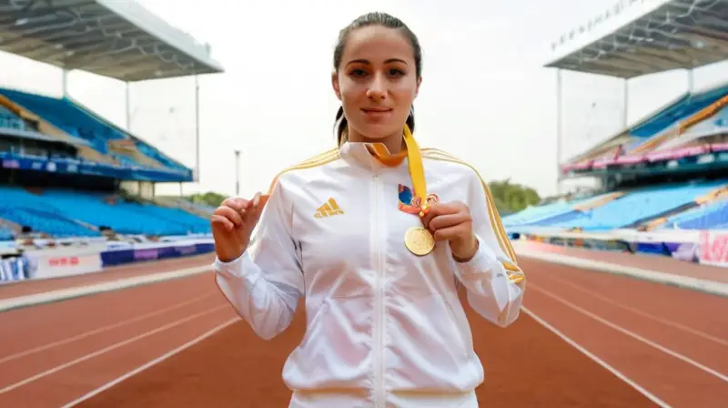 Fátima Diame lucía triunfal en el podio, con una medalla de bronce al cuello y un conjunto brillante de entrenamiento