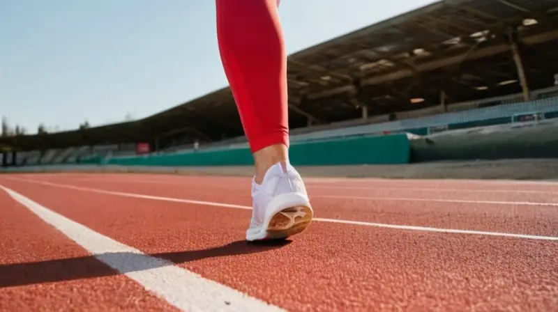 Una joven atleta vestida de rojo cruza la línea de meta con un puño en alto y una mirada intensa