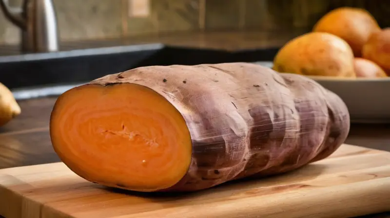 Una yuca madura reposa en un tablero de madera gastada bañado por una luz suave y cálida