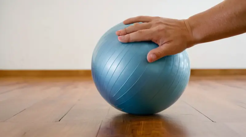 La fotografía muestra las manos de una persona sosteniendo un Fitball con la superficie ligeramente deflada y resaltando sombras fuertes debido a la luz solar