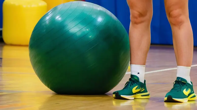 Un corredor está de pie sobre una pelota inflable vestido con camiseta de color verde oscuro y pantalones cortos amarillos