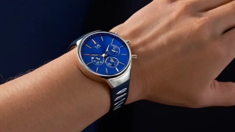 Una reloj de bolsillo con pantalla azul y números blancos se acurruca en un brazo que muestra una serie de texturas y arrugas