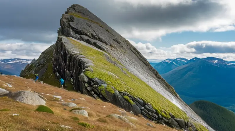 Un escalador aventurero sube por un terreno rocoso y escarpado adornado con pinos y musgos verdes