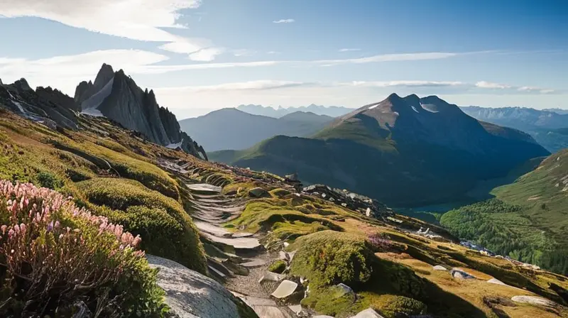 La cima del monte brilla bajo un sol intensamente caluroso con sus espinas de granito cubiertas con hierbas verdes