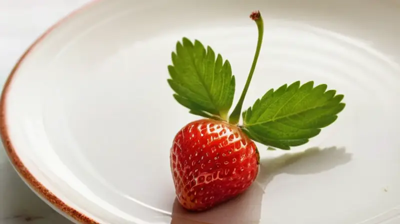 Una fresa fresca descansa en un plato de porcelana blanca bañada en luz diurna suave