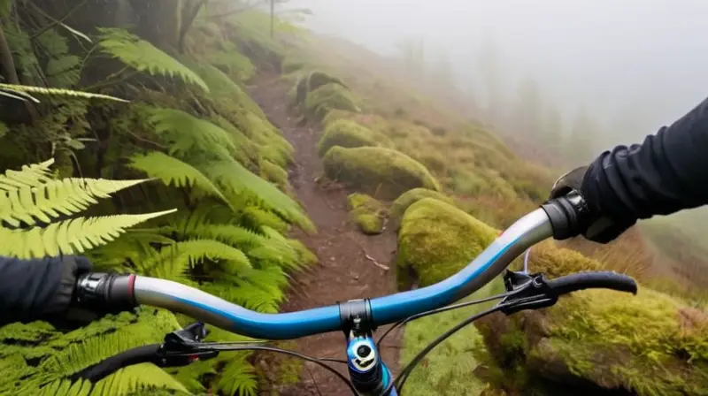 Un ciclista de montaña con su bicicleta en primer plano, ante un paisaje selvático y apacible a lo lejos hasta la distancia