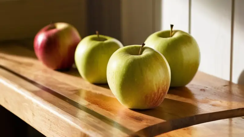 Un trozo de manzana reposa en una tabla de madera