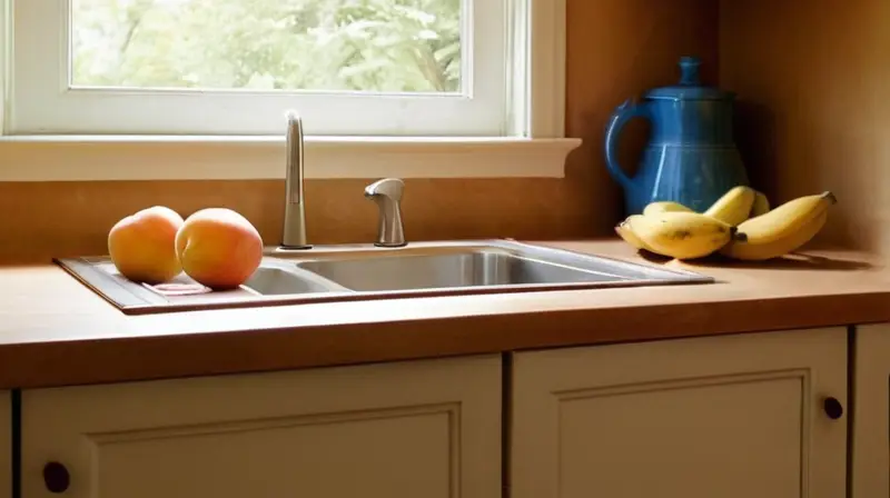 La cocina está bañada en luz natural, con una mujer tomando un café y rodeada de frutas frescas y elementos deliciosos