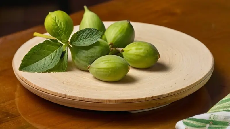 Una higuera maduras reposa sobre una tabla de madera con hojas de menta frescas alrededor