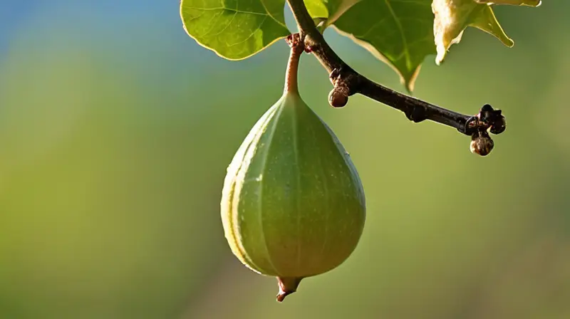 Un fruto maduro de higo colgado de un árbol leñoso bajo la luz suave del sol matutino