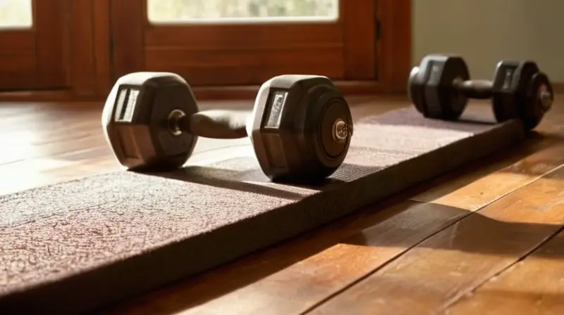 El torso masculino reposa en un piso de madera junto a unos pesados y pesados globos de ejercicio, bañado suavemente por la luz matutina que entra a través de grandes ventanas