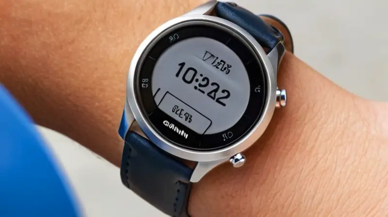 La descripción es de un reloj de Garmin que tiene un diseño elegante y metálico con detalles de alta resolución