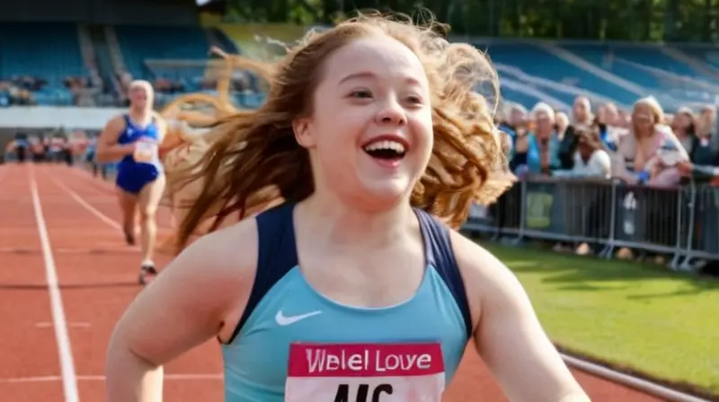 Una joven atleta con síndrome de Down corre en un estadio rodeada de personas con diversidad racial, edades y capacidades