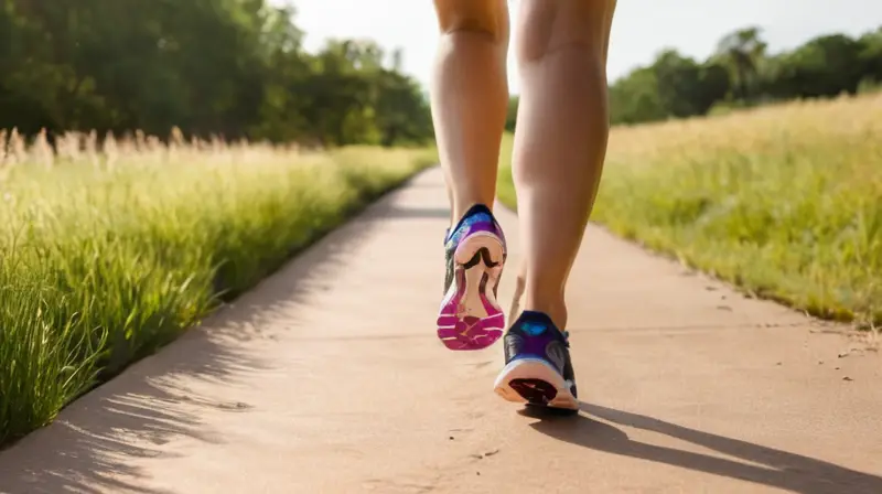 Una corredora femenina corre con determinación por un camino de tierra a través de pastos altos y frescos bajo el sol brillante