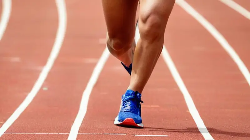 Una persona en posición de esprint se ubica en un pista interior con músculos bien definidos y visibles estrías en su musculatura