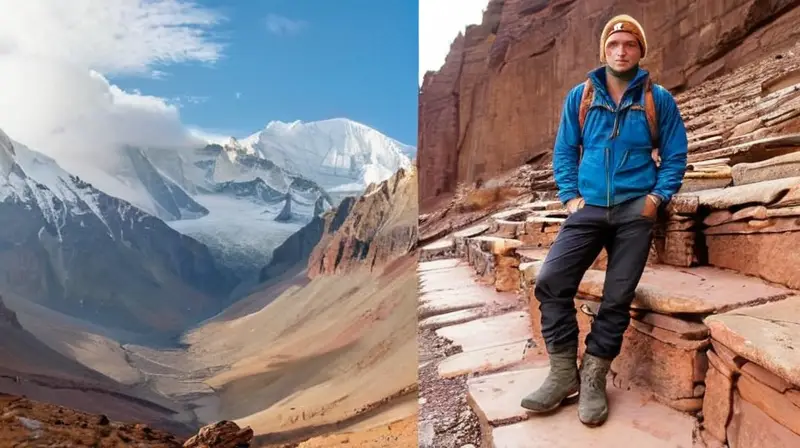 Goran Kropp se sitúa enfrente del Mont Everest con una postura determinada y mirada intensa, preparado para su foto shoot