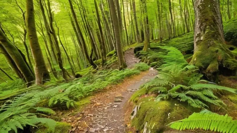 En el Pirineo se extiende un camino de montaña rugoso y ventoso con bosques de hayas uniformes y sombras proyectadas sobre la tierra