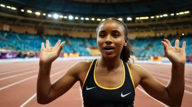 Una joven atleta etíope se alza orgullosa con los brazos en alto después de una victoria