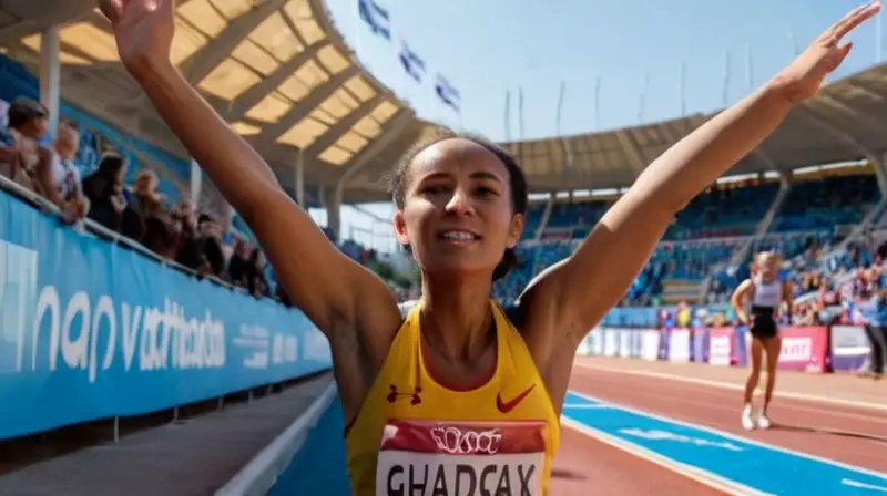 Gudaf Tsegay, una corredora, se alza con triunfo después de terminar su carrera, rodeada por un ambiente de estadio lleno y movimiento