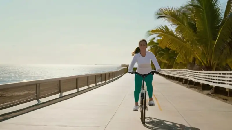 Una mujer monta su bicicleta por un paseo marítimo con palmeras y arboles entre olas rumorosas