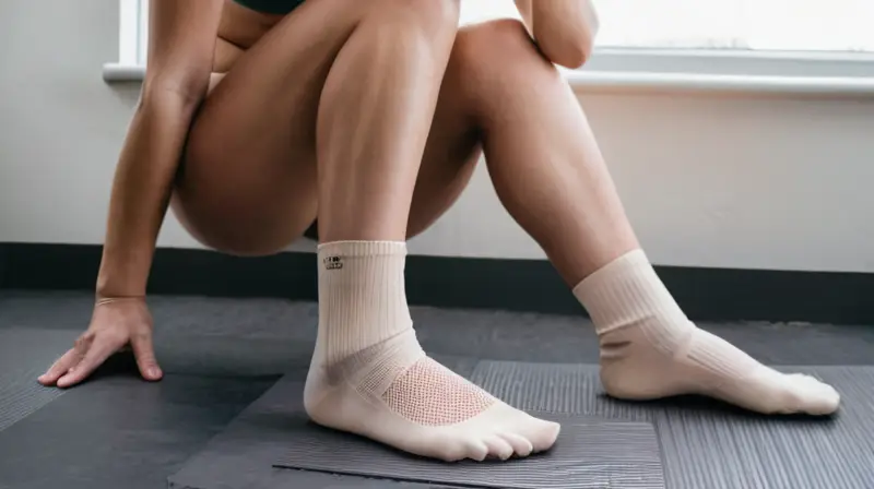 Una mujer está en pose de ejercicio, con sus piernas y torso estirados hacia delante bajo una luz suave que brilla desde la ventana