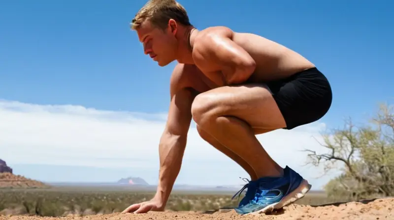 Un joven atleta parado con expresión intensa, sudor en la frente y músculos tensos bajo su camisa, se prepara para correr en un entorno desértico