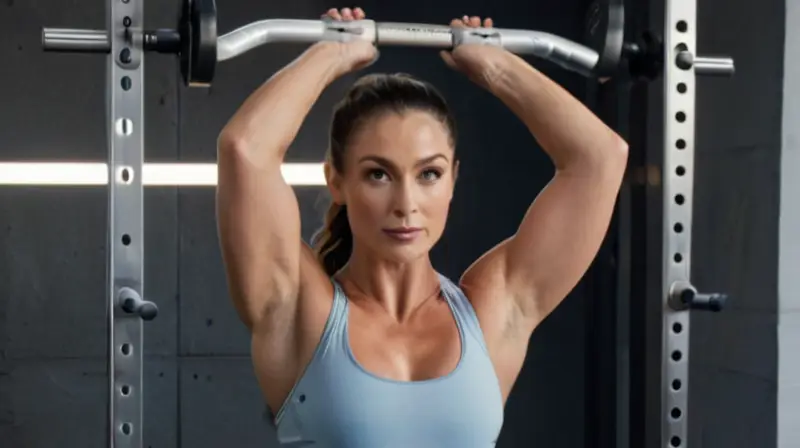 Una mujer musculada está en medio de un entrenamiento intensivo en una sala de fitness moderna cubierta de luz dorada