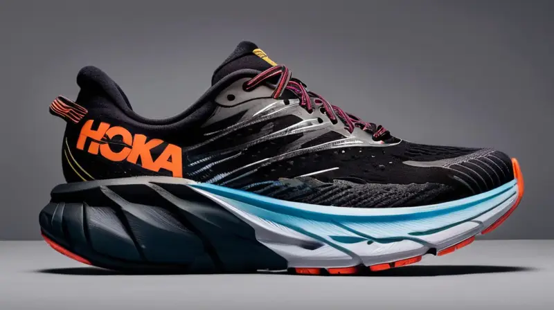 Los Hoka Clifton 9 se reflejan en un fondo gris oscuro sobre el que caen sombras suaves