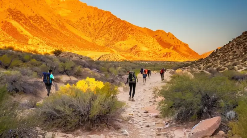 Un sendero de montaña desafiante se extiende por un paisaje de desierto bajo el calor del sol dorando las rocas y dunas de arena