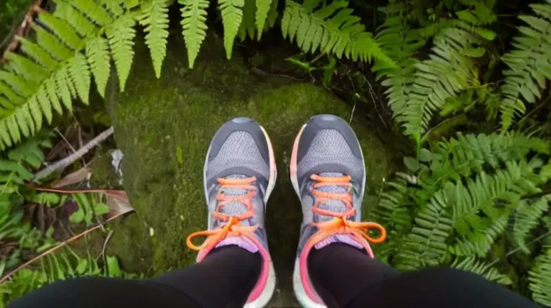 Una mujer con zapatos de RUNNING camina por un paisaje verde y rocoso, rodeada de vegetación y sombreados suaves