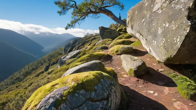 Un sendero de montaña se despliega bajo un sol cálido, con sombras largas y rocas jaguedas, en armonía con la naturaleza que lo rodea