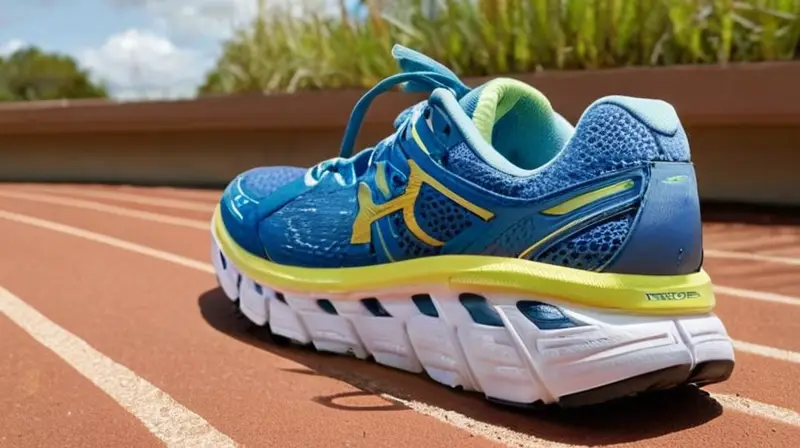 Una escena al aire libre con un calzado Hoka Solimar descansando en una pista de running beige con detalles de tejido y texturas naturales