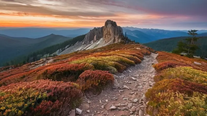 Un senderista con zapatos Hoka Speedgoat 4 camina solitario por un camino rocoso en medio de un paisaje con árboles coníferos y nubes suaves