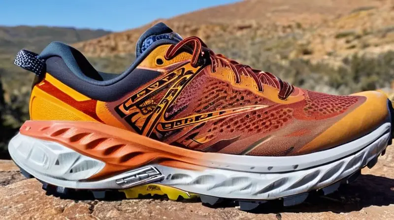 Una corredora se mantiene firme en un camino rocoso, con un Hoka Speedgoat 4 de color naranja intenso que combina bien con el paisaje natural