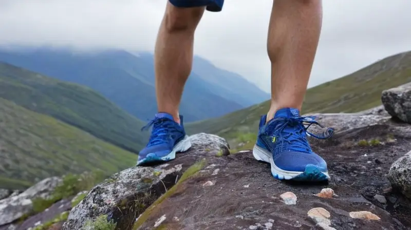 Un corredor está parado en un terreno difícil, vistiendo zapatos sucios con una camiseta deportiva y lesiones obvias