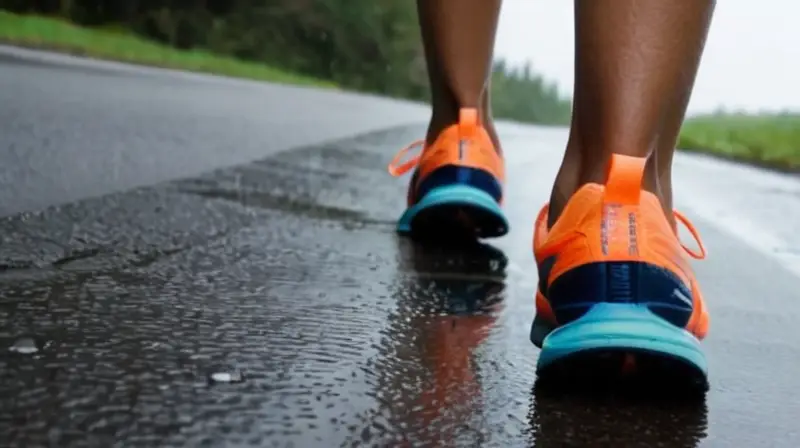 Tres corredores avanzan bajo la lluvia por un asfalto brillante mientras el entorno se refleja en sus zapatos y sus rostros expresan determinación