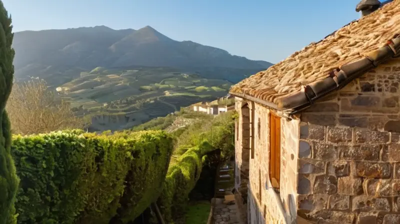 Un pueblo antiguo rodeado de montañas y colinas verdea con casas de piedra, tejados de tejas y techos de slate