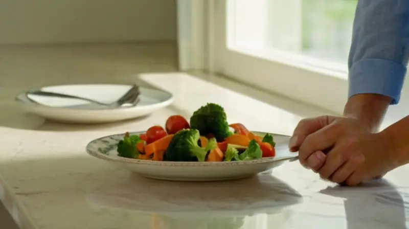 Una foto de una joven mano sosteniendo un plato con vegetales cortados y cuidadosamente dispuestos en una mesa iluminada por luz natural