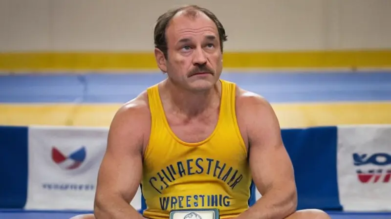 Un hombre de mediana edad con cara seria está sentado en un fondo neutro, vestido con una camiseta mustio amarillo de campeón del mundo de lucha libre