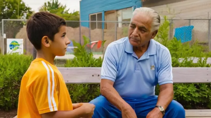 Un anciano latino sostiene en su regazo a un joven en pantalón corto mientras observan juntos la escena de un partido de fútbol exterior