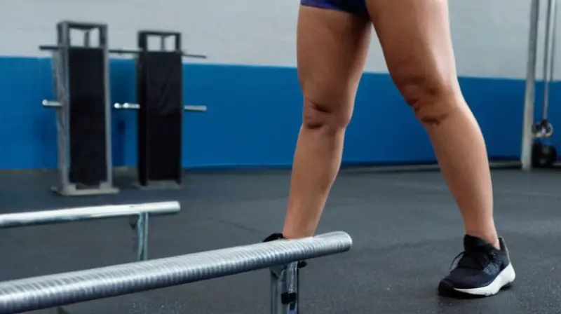 Una mujer se ejercita en un entorno de gimnasio con un fondo gris azulado