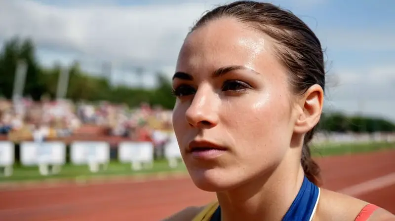 La figura de Jael Bestué se mantiene en un momento de concentración y esfuerzo en el estadio de atletismo, rodeada de un fondo desenfocado de personas