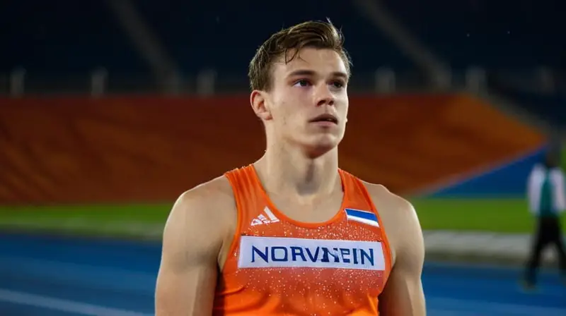 Jakob Ingebrigtsen está solo en una pista de atletismo al amanecer nevado, vestido con un singular claramente mojado