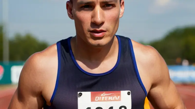 Un atleta potente y seguro de sí mismo está listo para correr en el estadio, con un torso bien definido y características faciales prominentes