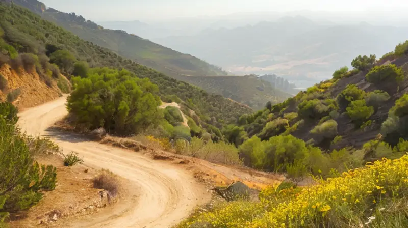 Un sendero en una colina española discurre por tierras rudas bajo un cielo azul adornado de flores amarillas y niebla matutina