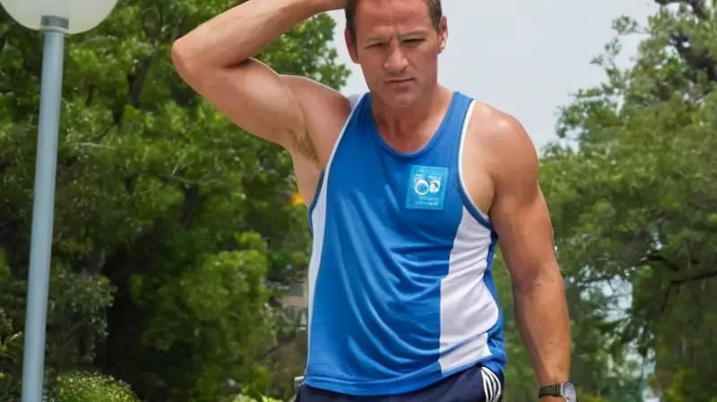 Un hombre de mediana edad con shorts azules y una camiseta blanca anda por la calle con una postura relajada